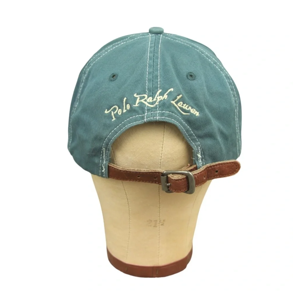 VTG Polo Ralph Lauren Cursive Font Emb Logo Leather Strap Hat Adult OS Green EUC
